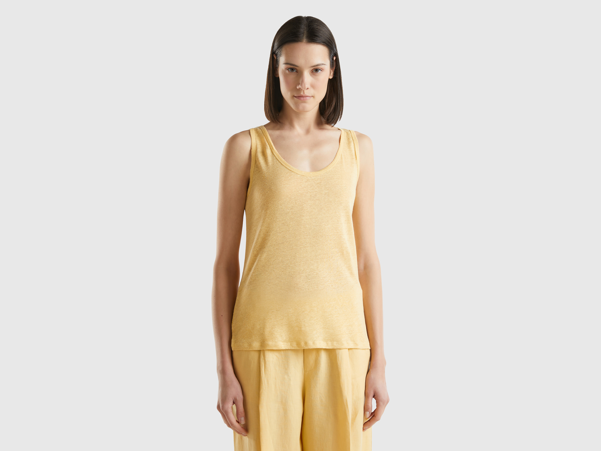 Benetton, Canotta In Puro Lino, Giallo, Donna