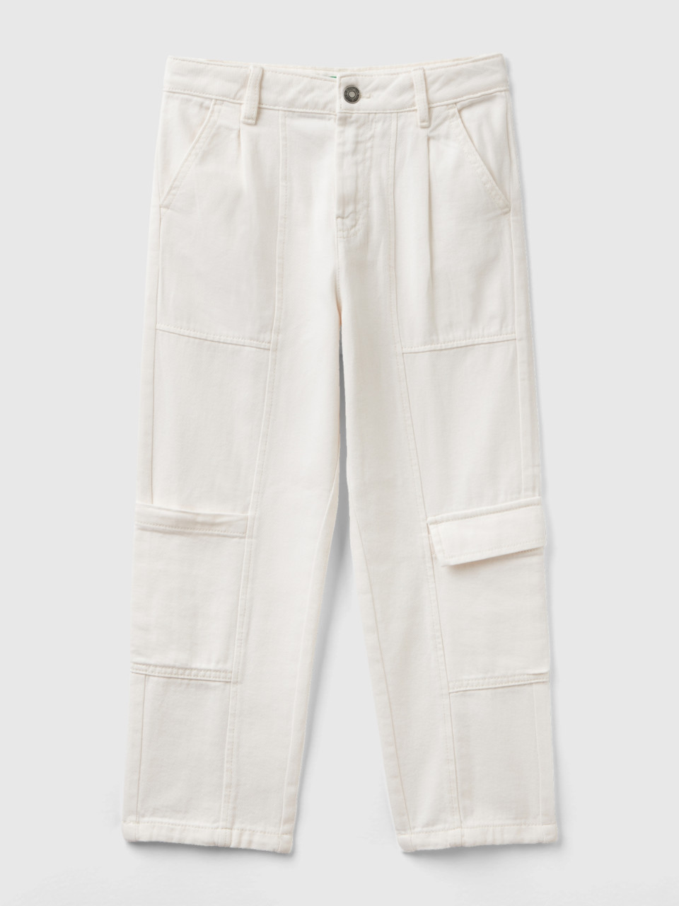 Benetton, Cargo Trousers In Cotton, White, Kids