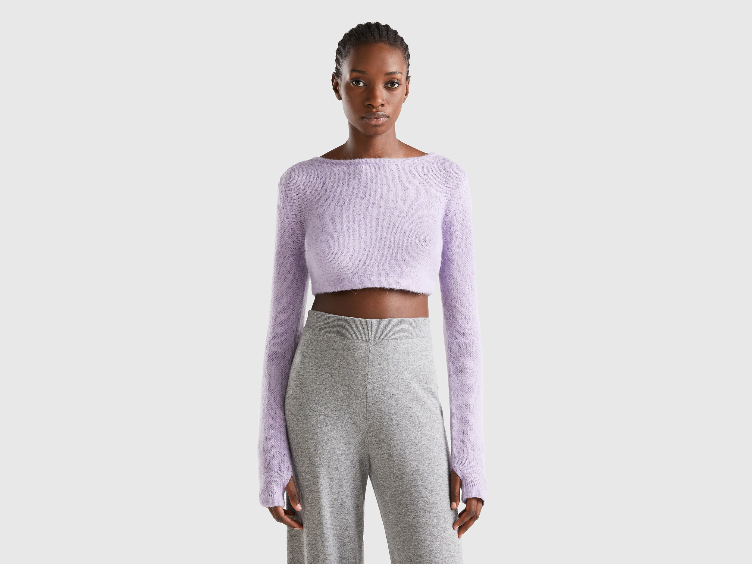 Benetton, Cropped Sweater In Mohair Blend, size XS-S, Lilac, Women