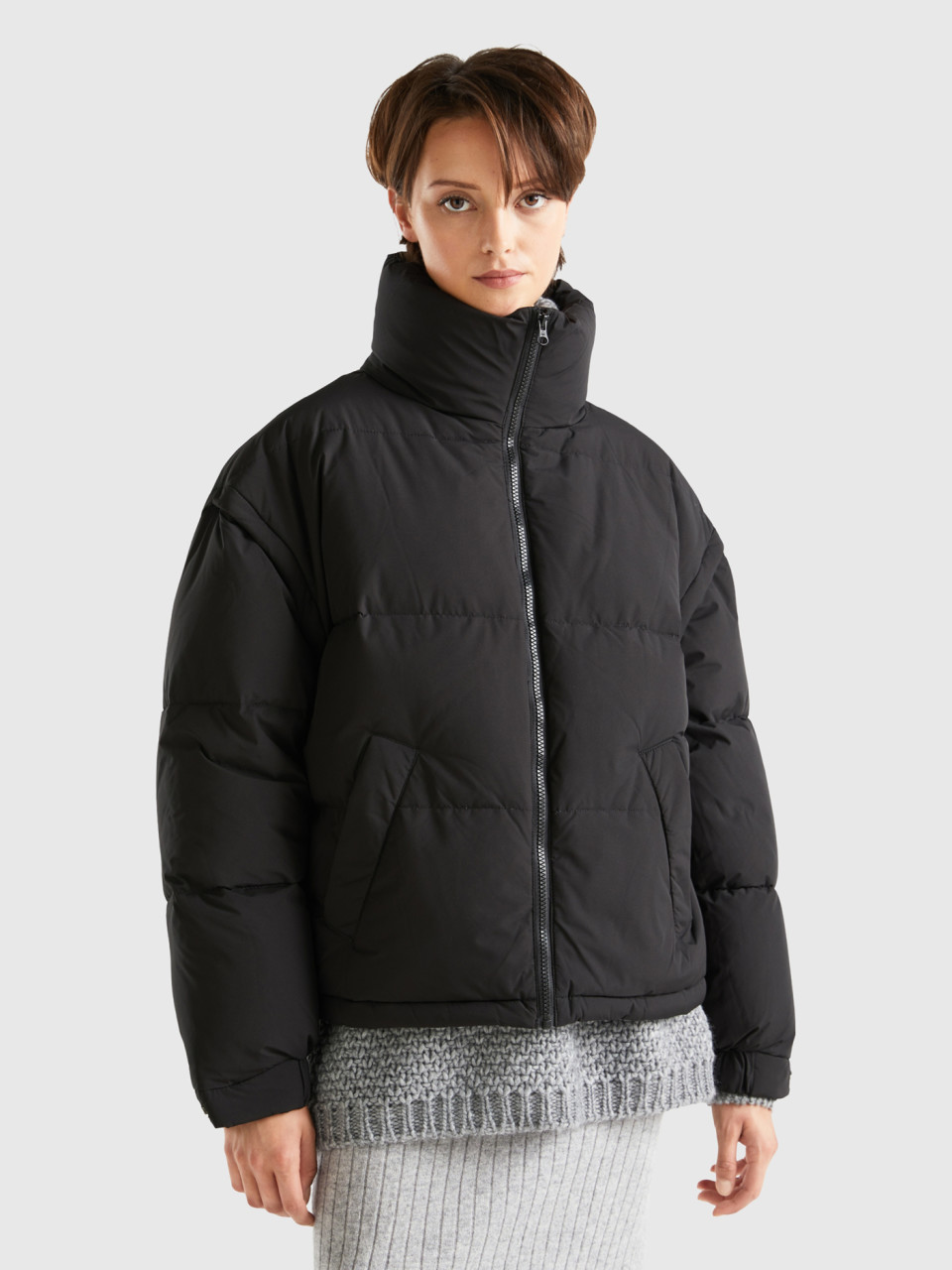 Benetton, Short Padded Jacket With Removable Sleeves, Black, Women