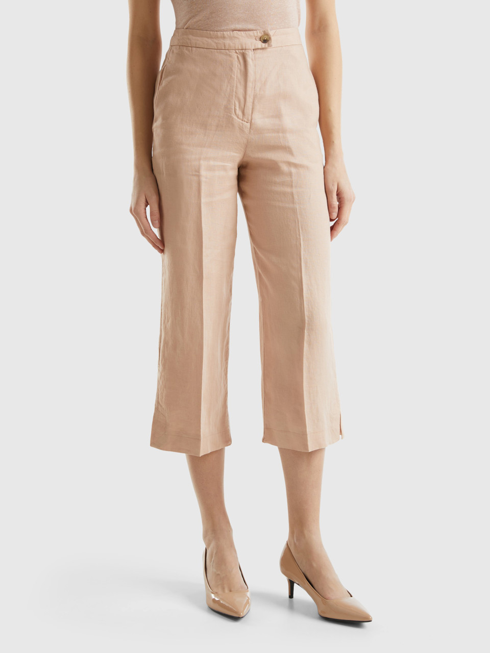 Benetton, Cropped Trousers In Pure Linen, Soft Pink, Women