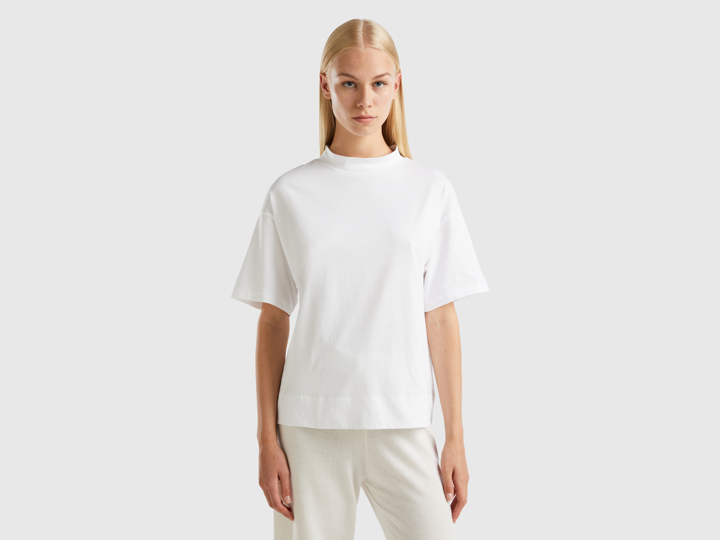 Benetton, T-shirt With Standing Neck, size XS, White, Women
