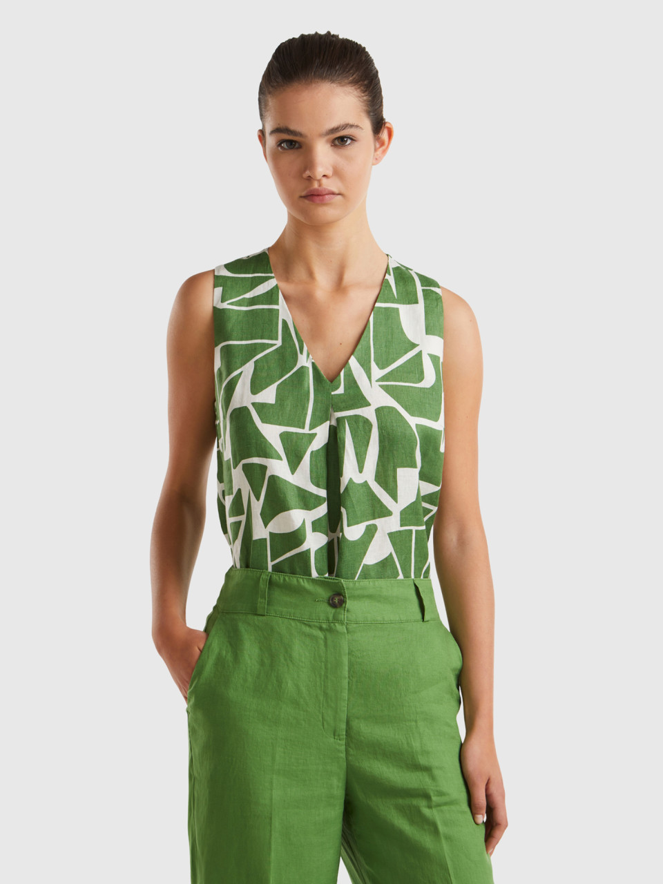 Benetton, Printed Linen Blouse, Military Green, Women