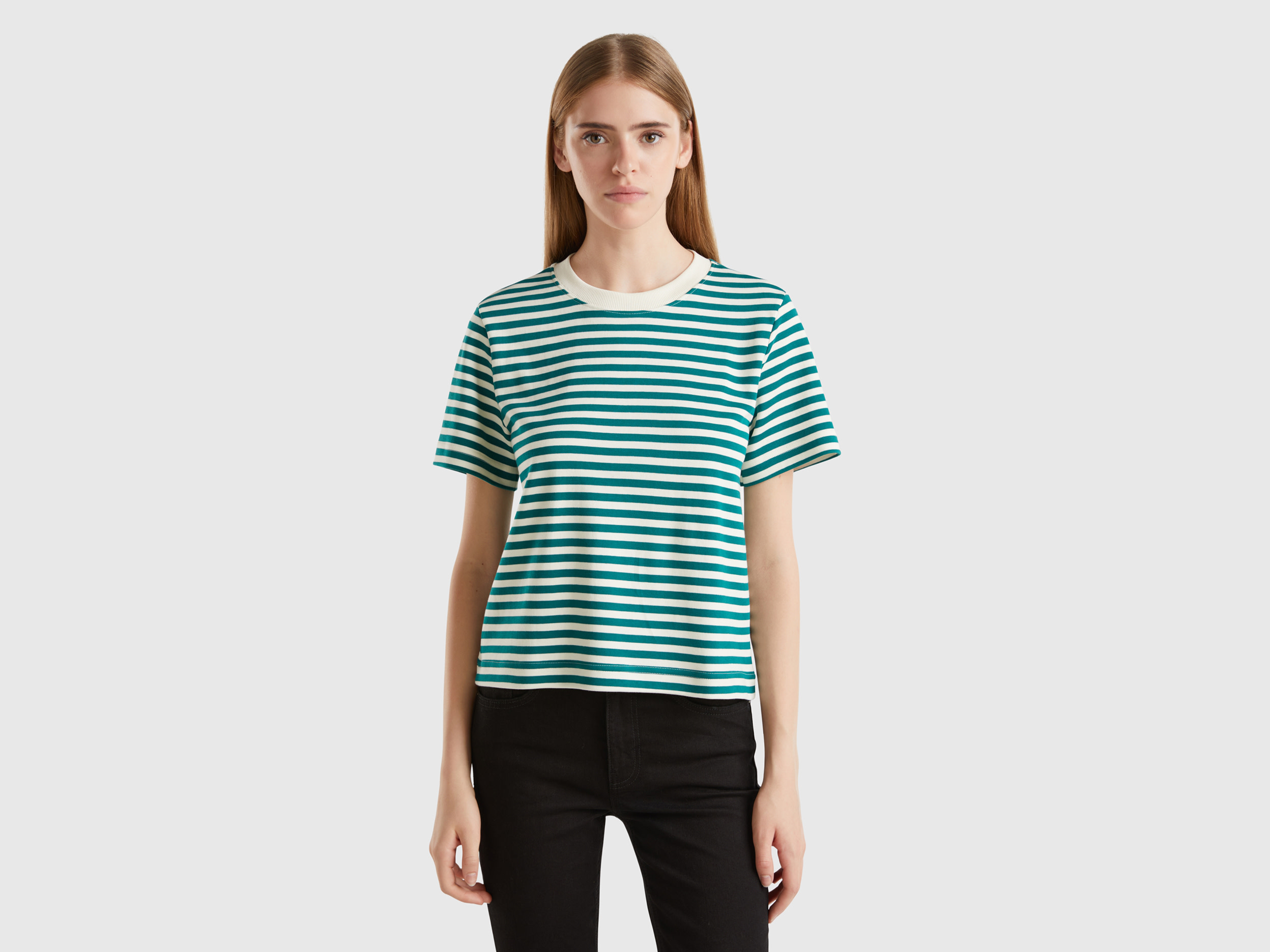 Benetton, Maglietta A Righe In Caldo Cotone, Verde, Donna
