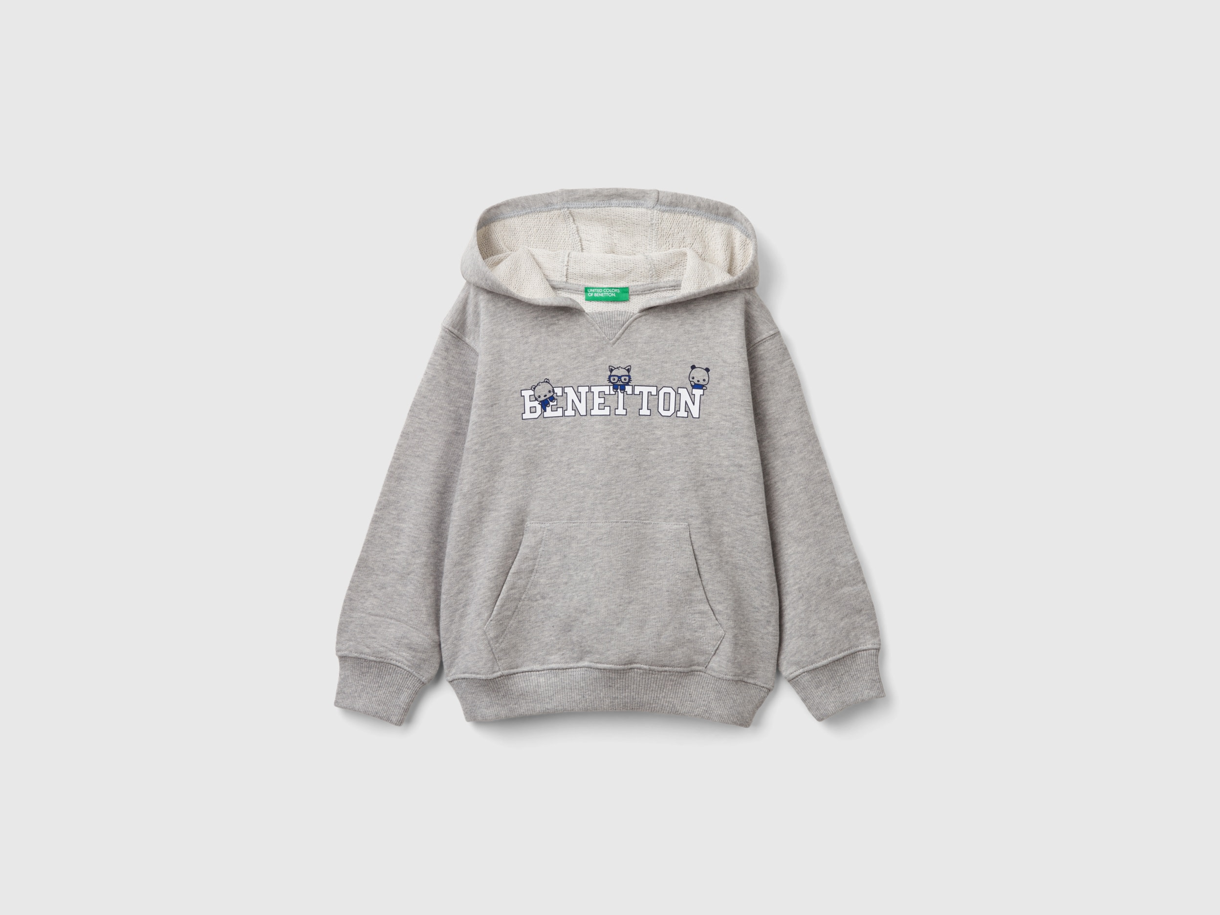 Benetton, Felpa Con Cappuccio 100% Cotone, Grigio Chiaro, Bambini