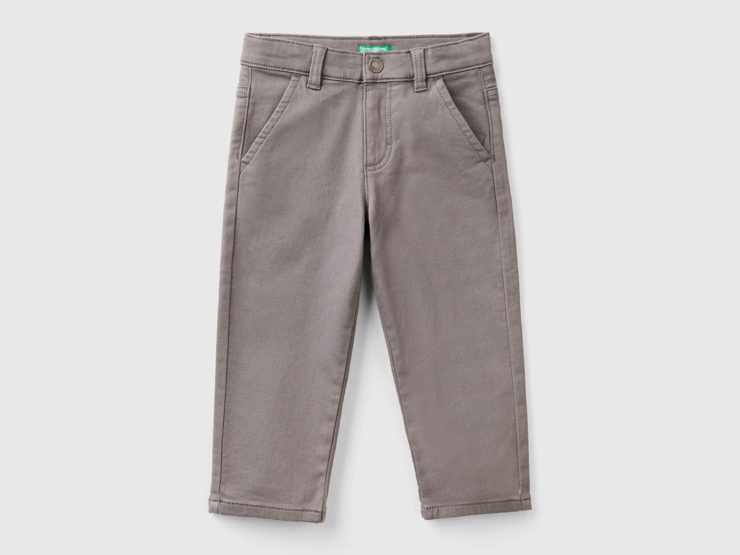 Benetton, Pantaloni In Cotone Stretch, Grigio Scuro, Bambini