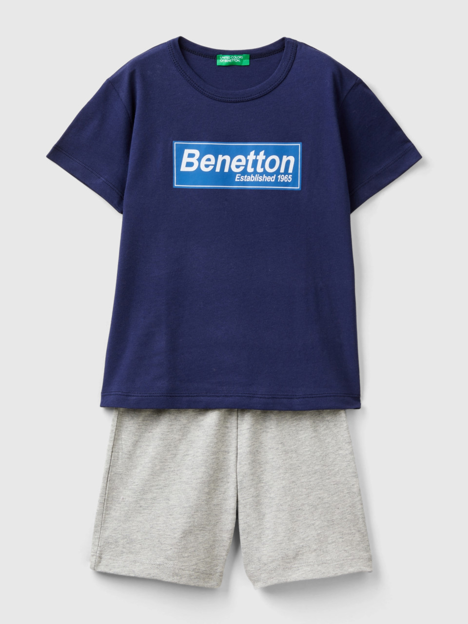 Benetton, Completo T-shirt E Bermuda 100% Cotone, Blu Scuro, Bambini