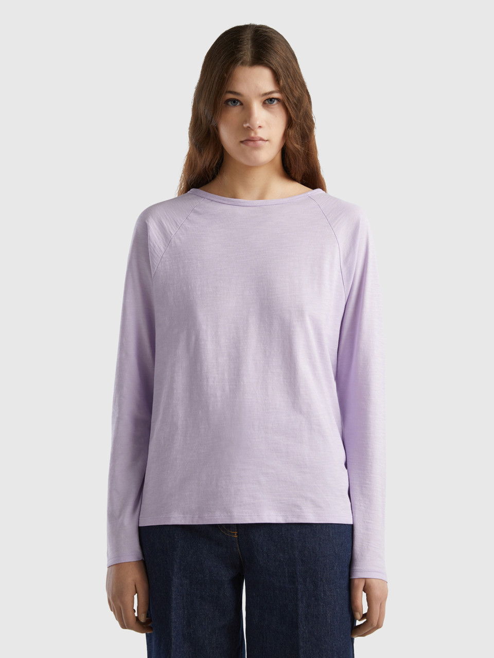 Benetton, Long Sleeve T-shirt In Light Cotton, Lilac, Women