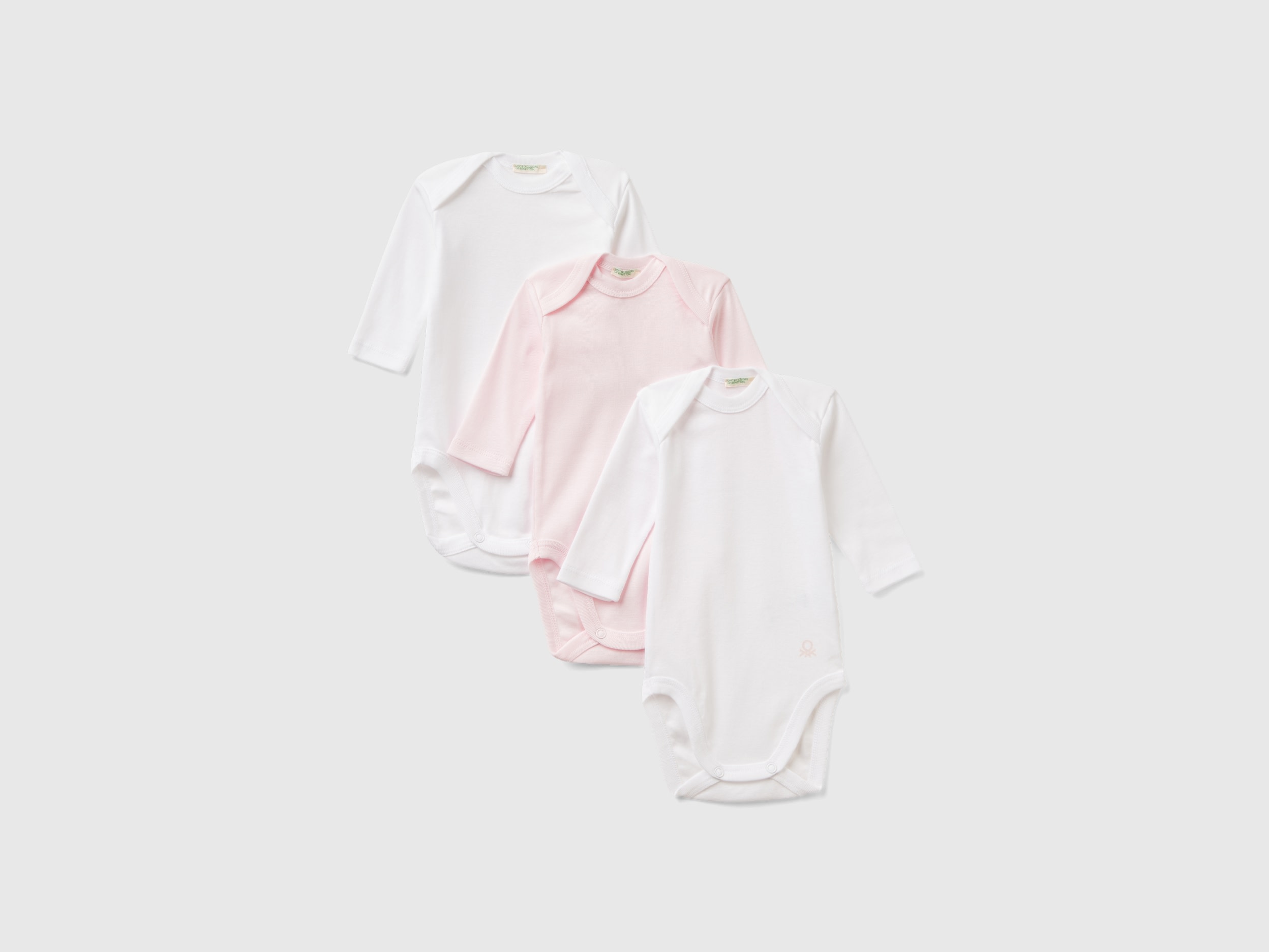 Image of Benetton, Three Solid Color Bodysuits In Organic Cotton, size 50, Multi-color, Kids