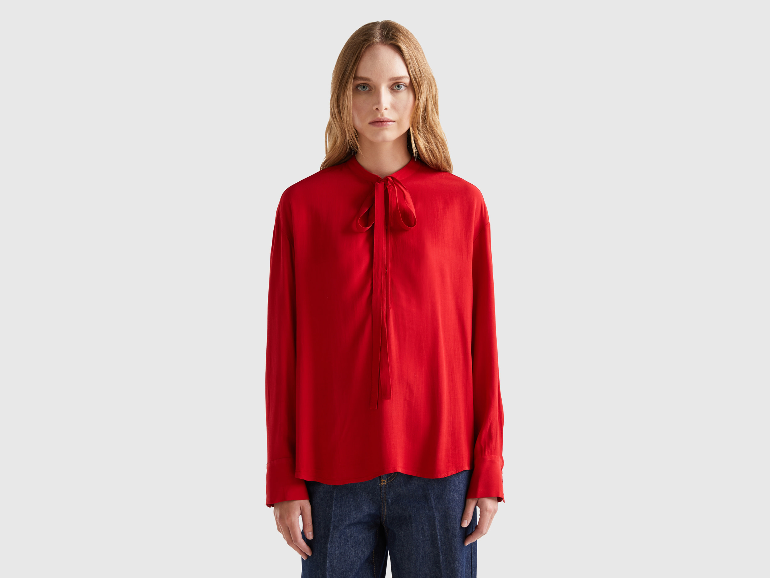 Benetton, Flowy Blouse With Laces, size L, Red, Women
