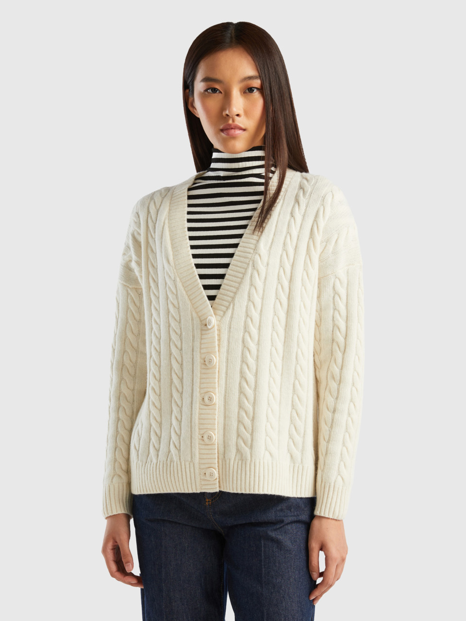 Benetton, Oversized Fit Cardigan With Cables, Creamy White, Women