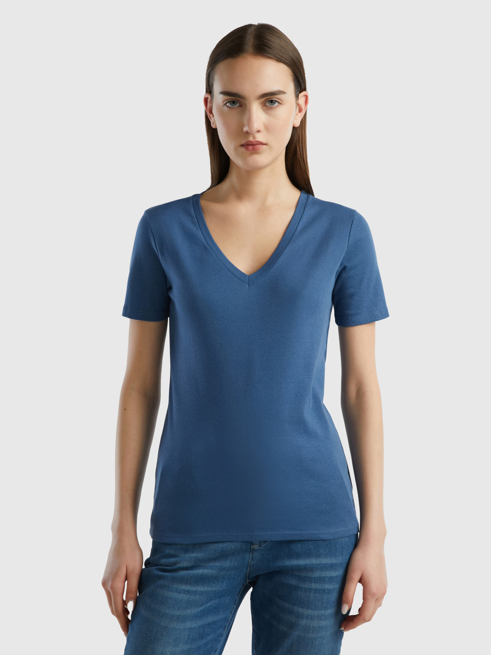 Benetton, Camiseta De Algodón Puro Con Escote De Pico, Azul Grisáceo, Mujer