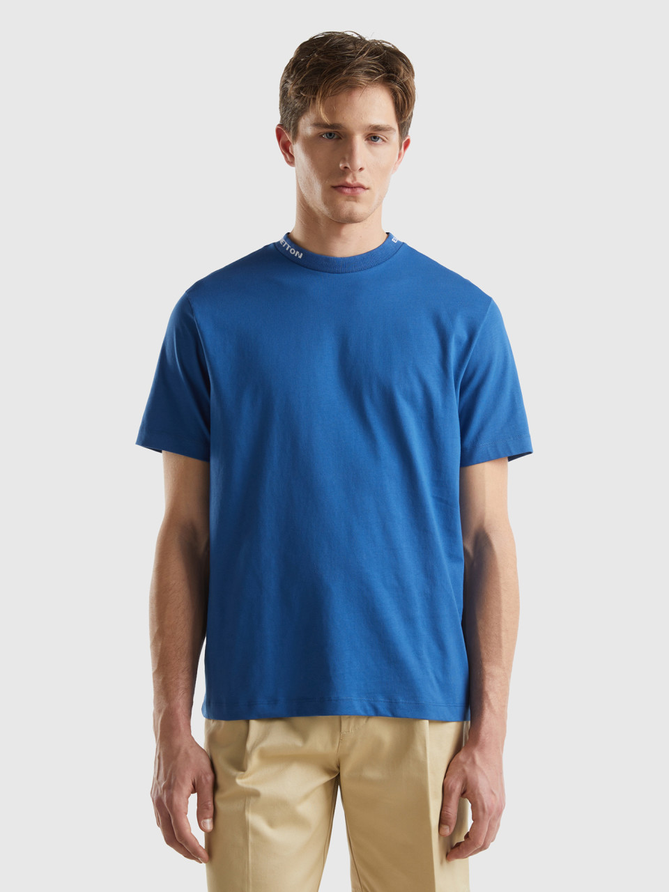 Benetton, Blue T-shirt With Embroidery On The Neck, Blue, Men