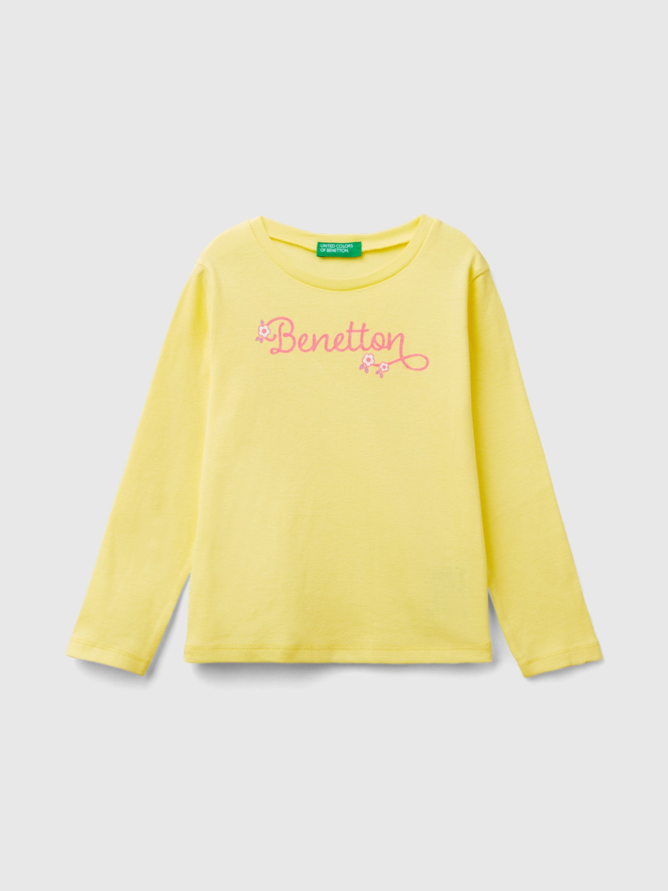 Benetton, T-shirt Manica Lunga Con Stampa Glitter, Giallo, Bambini