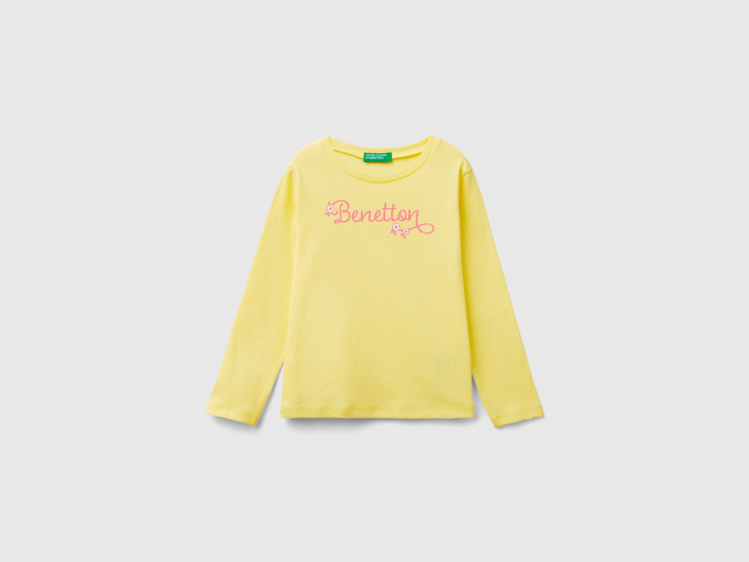 Image of Benetton, Long Sleeve T-shirt With Glittery Print, size 110, Yellow, Kids