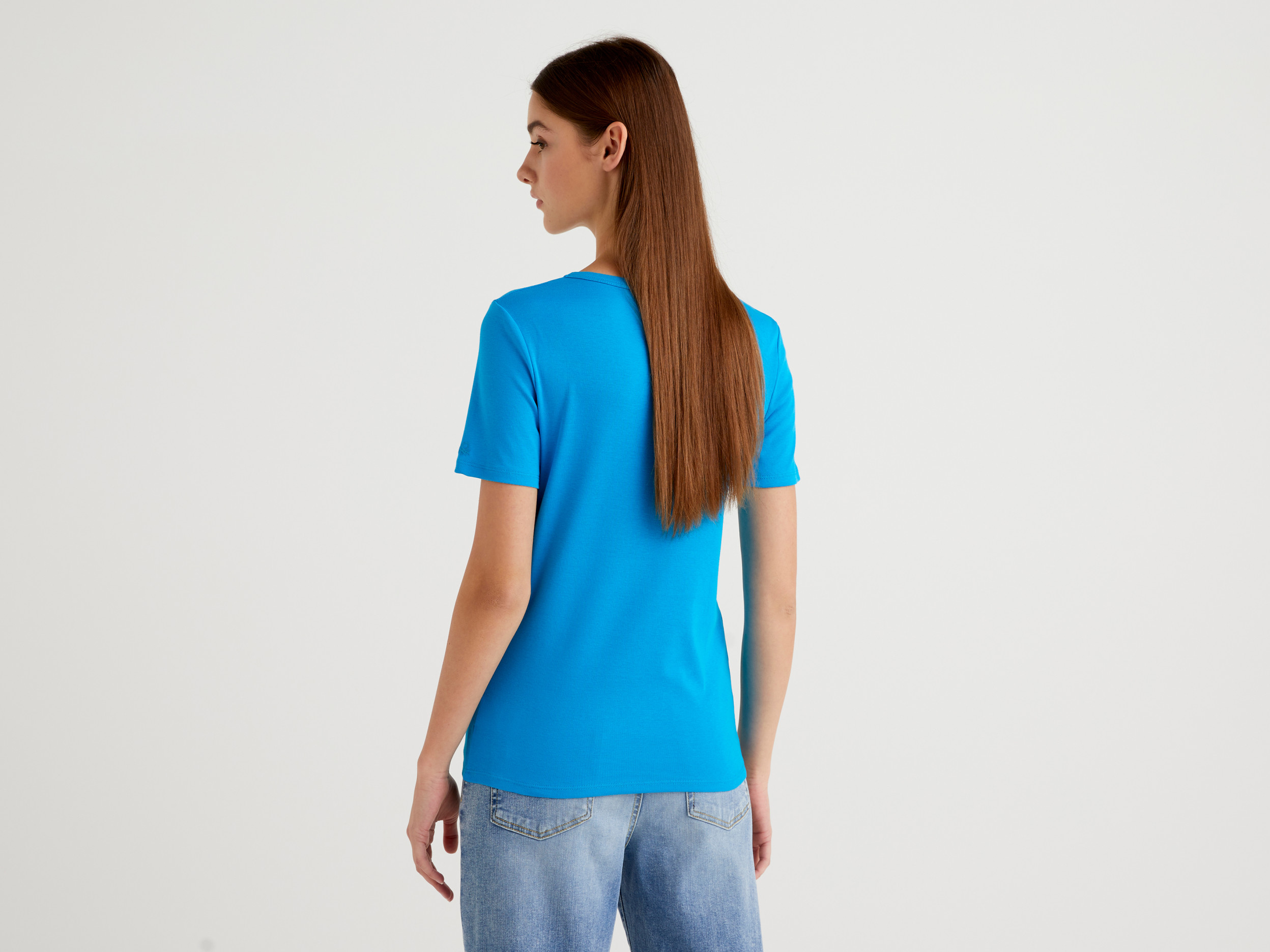 Benetton, Long Fiber Cotton T-Shirt, Taglia L, Turquoise, Women