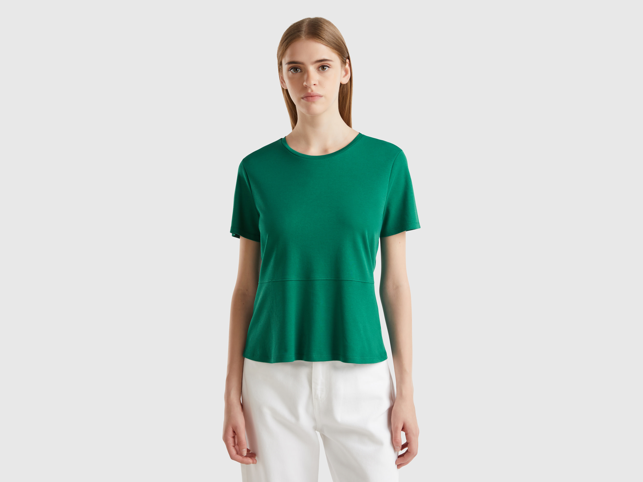 Benetton, T-shirt Slim Fit In Cotone Bio, Verde Scuro, Donna
