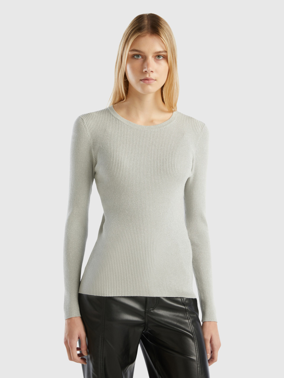 Benetton, Ribbed Sweater With Lurex, Light Gray, Women
