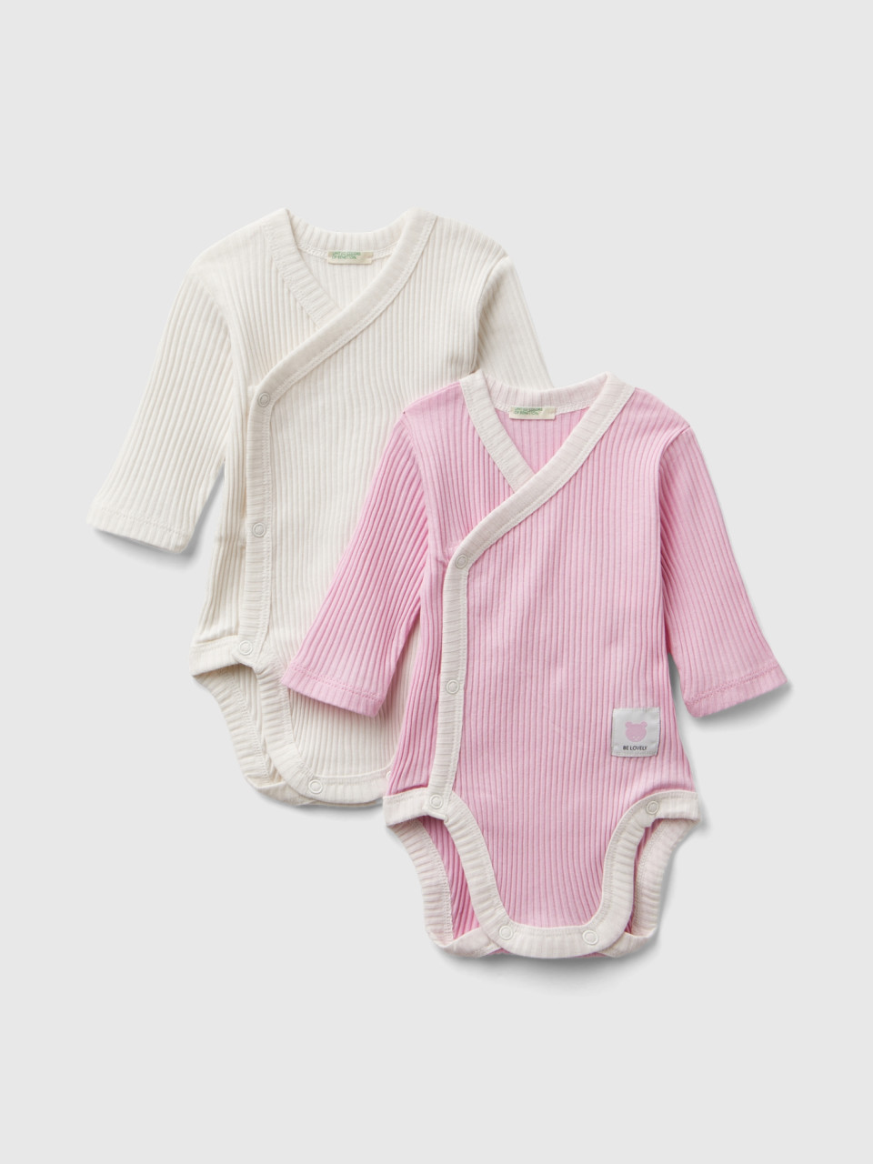 Benetton, Two Long Sleeve Ribbed Knit Bodysuits, Pink, Kids
