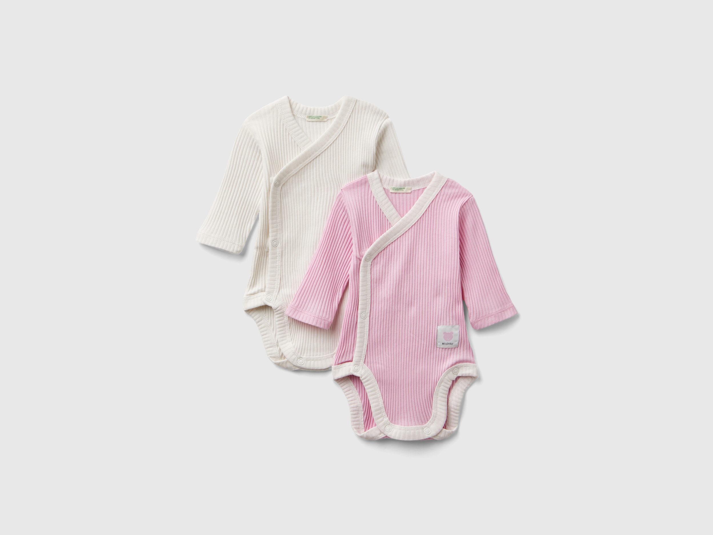 Image of Benetton, Two Long Sleeve Ribbed Knit Bodysuits, size 50, Pink, Kids
