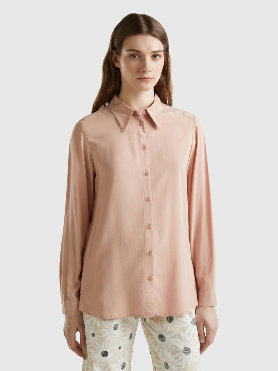 Benetton, Regular Fit Shirt In Sustainable Viscose, Soft Pink, Women