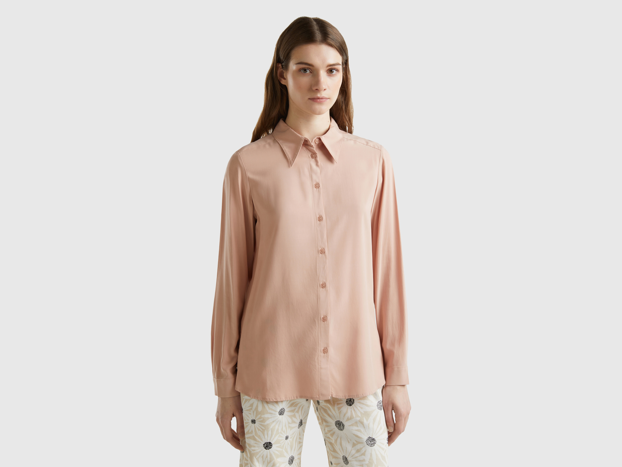 Benetton, Camicia Regular Fit In Viscosa Sostenibile, Rosa Tenue, Donna