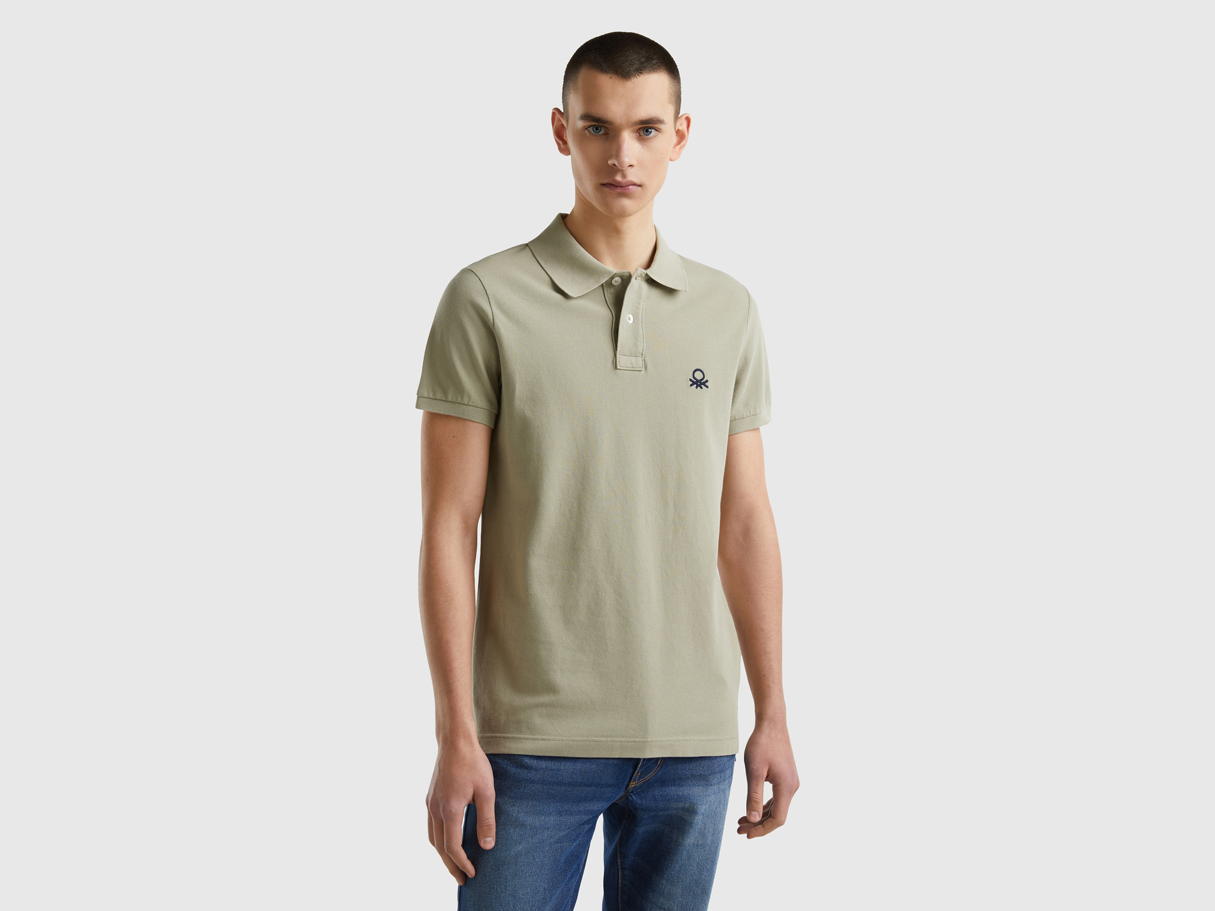 Image of Benetton, Sage Green Slim Fit Polo, size L, Light Green, Men