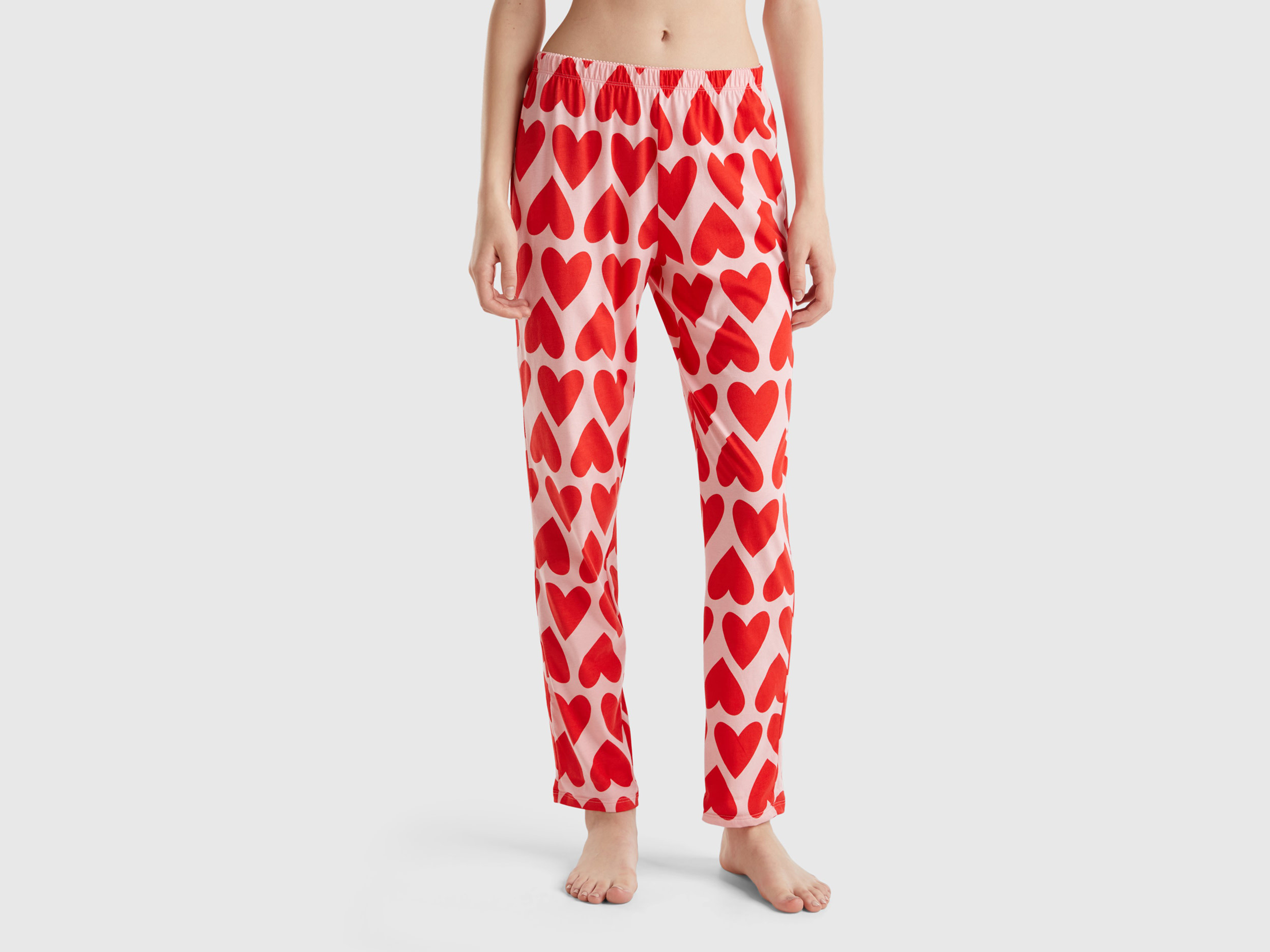 Benetton, Pantaloni Con Stampa Cuori, Rosa Tenue, Donna