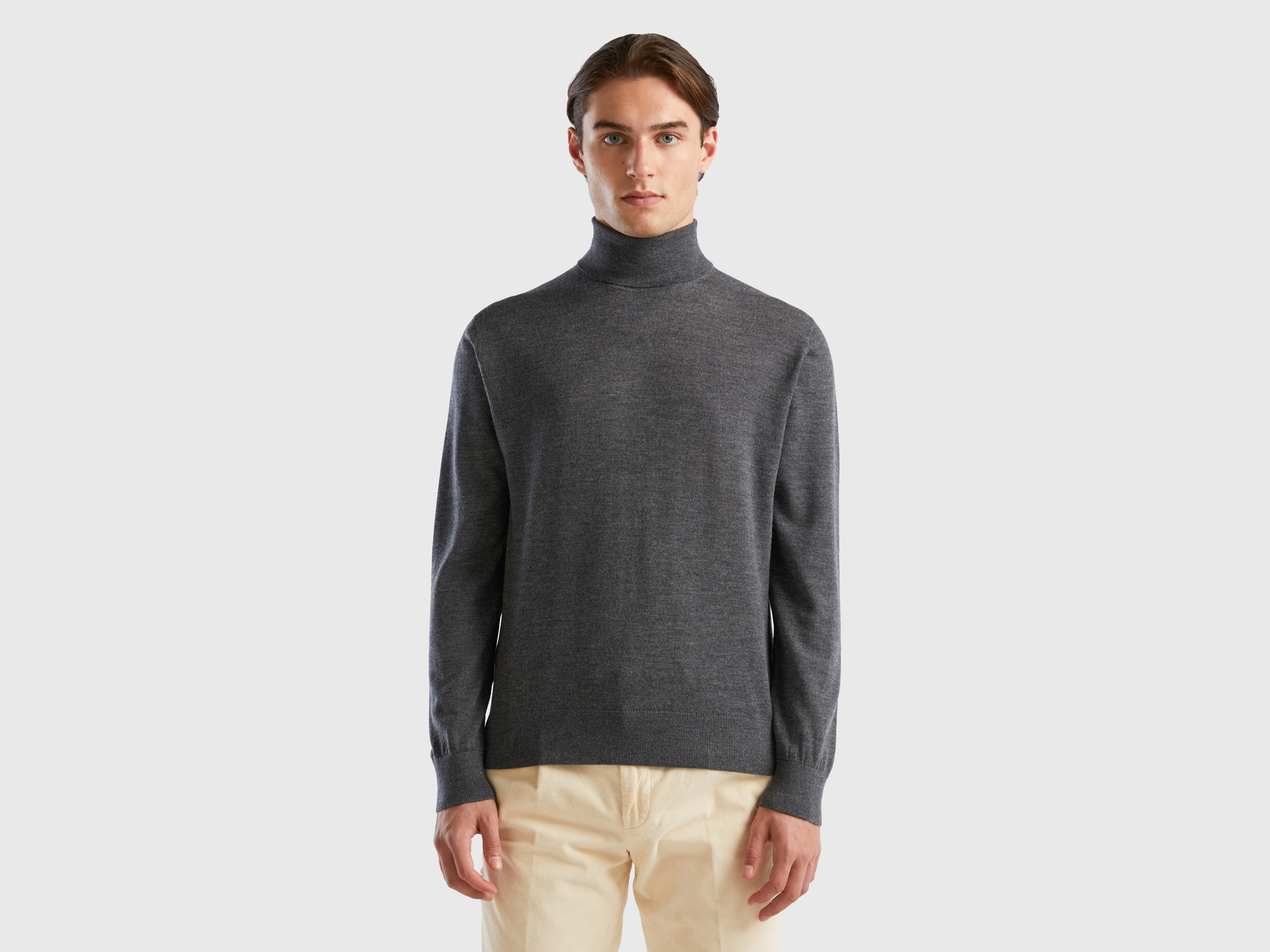 Benetton, Turtleneck In Pure Merino Wool, size XXL, Gray, Men