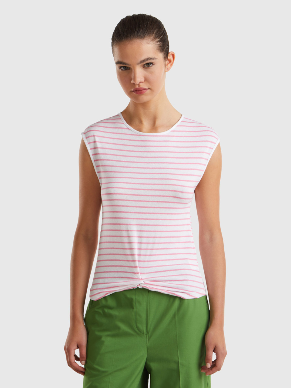 Benetton, Striped T-shirt With Knot, Pink, Women