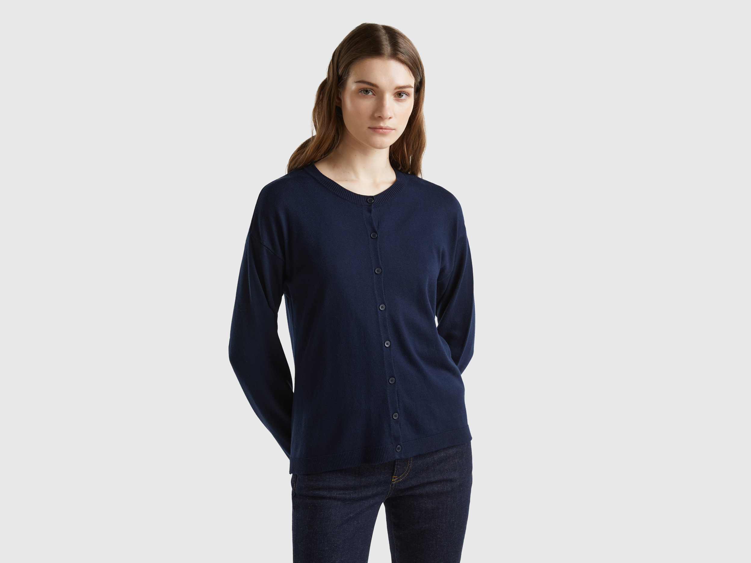 Benetton, Cardigan Girocollo Con Bottoni, Blu Scuro, Donna