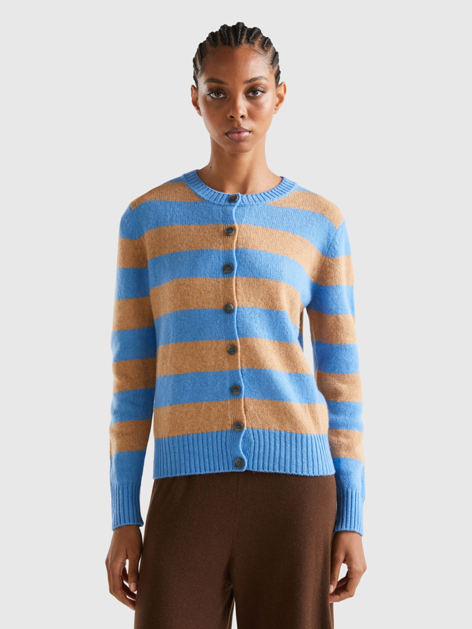 Benetton, Striped Cardigan In Pure Shetland Wool, Multi-color, Women