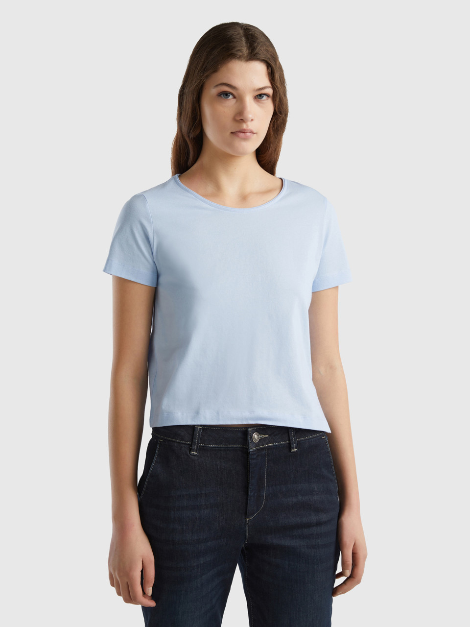 Benetton, Short Sleeve T-shirt With Slit, Sky Blue, Women