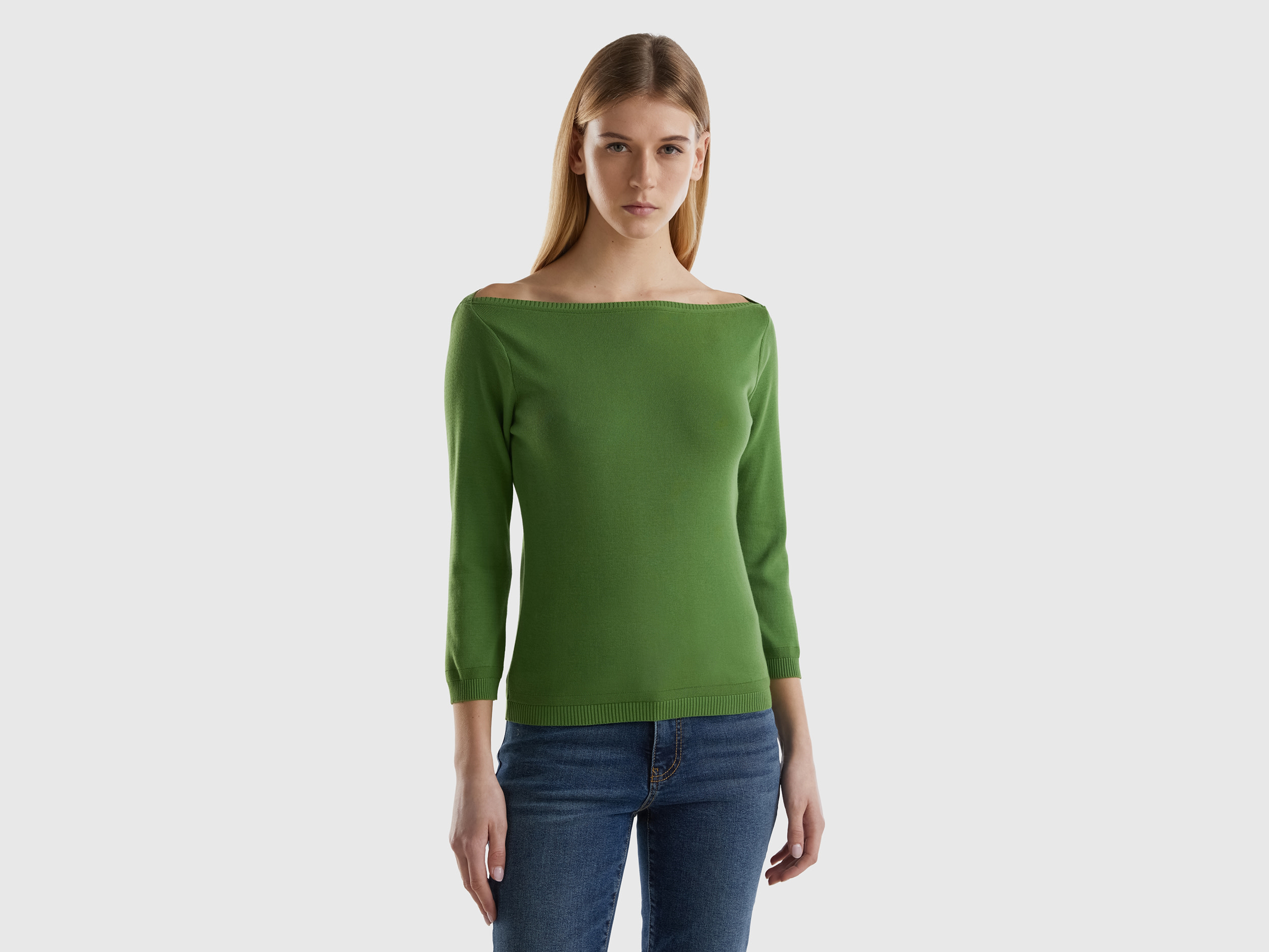 Benetton, 100% Cotton Boat Neck Sweater, size S, Military Green, Women