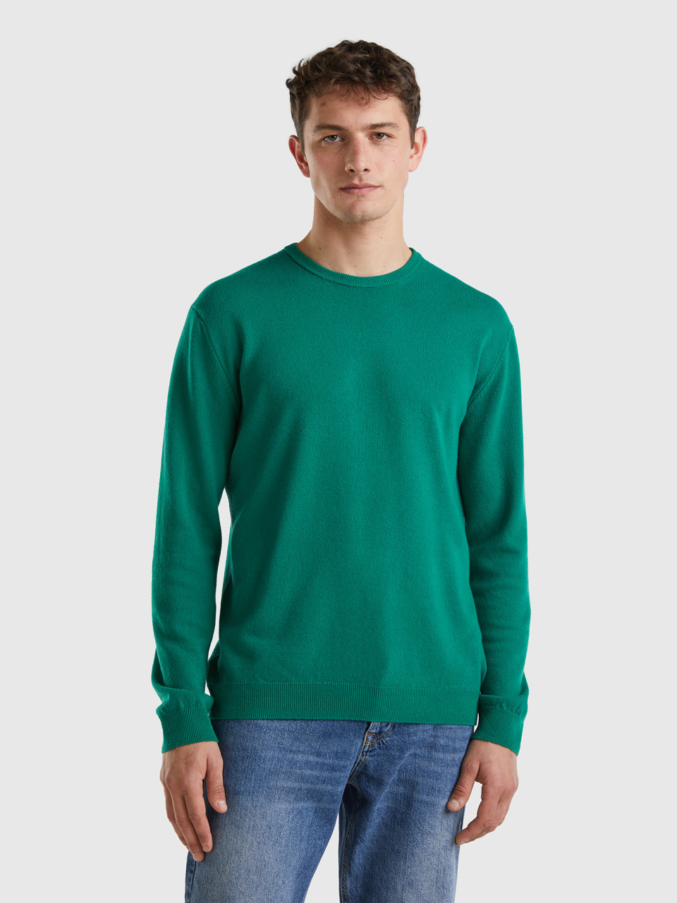 Benetton, Green Crew Neck Sweater In Pure Merino Wool, Green, Men