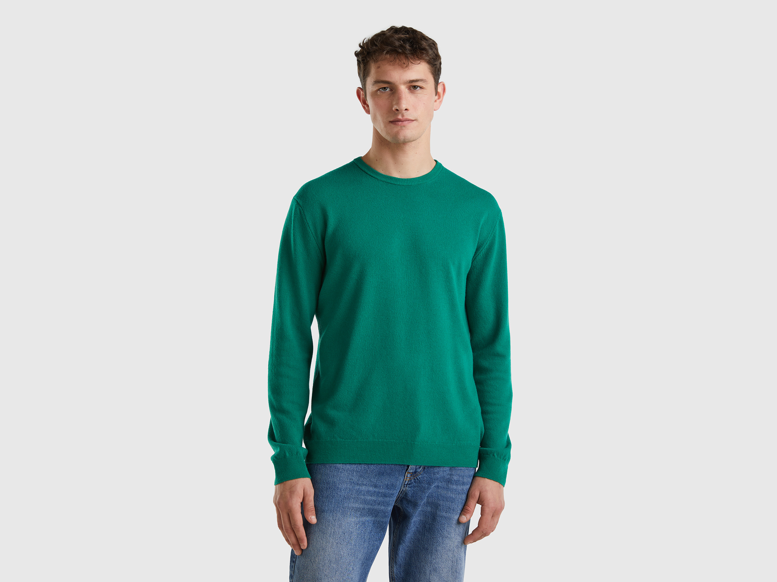Benetton, Green Crew Neck Sweater In Pure Merino Wool, size L, Green, Men
