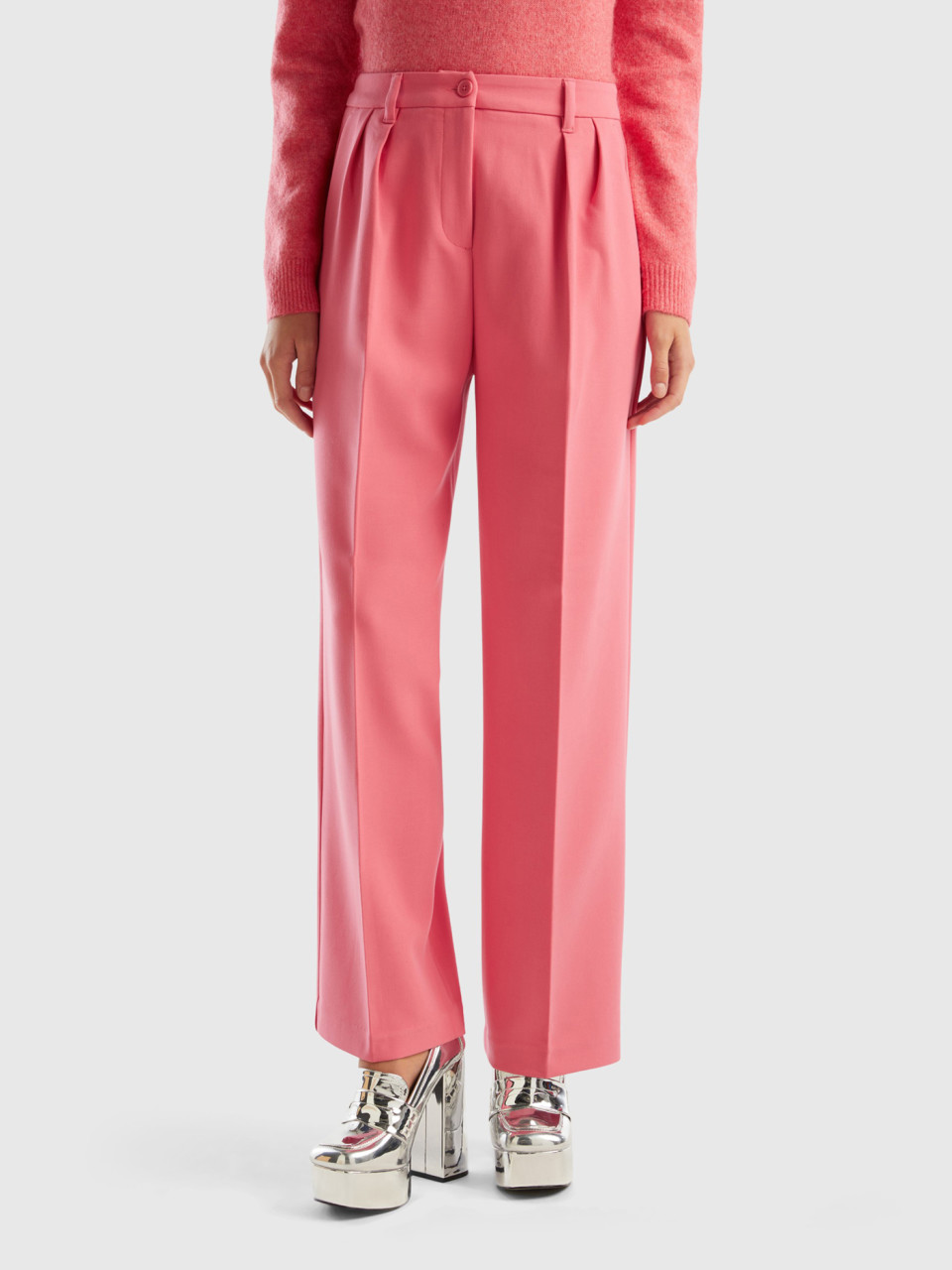 Benetton, Wide Trousers With Pleats, Pink, Women
