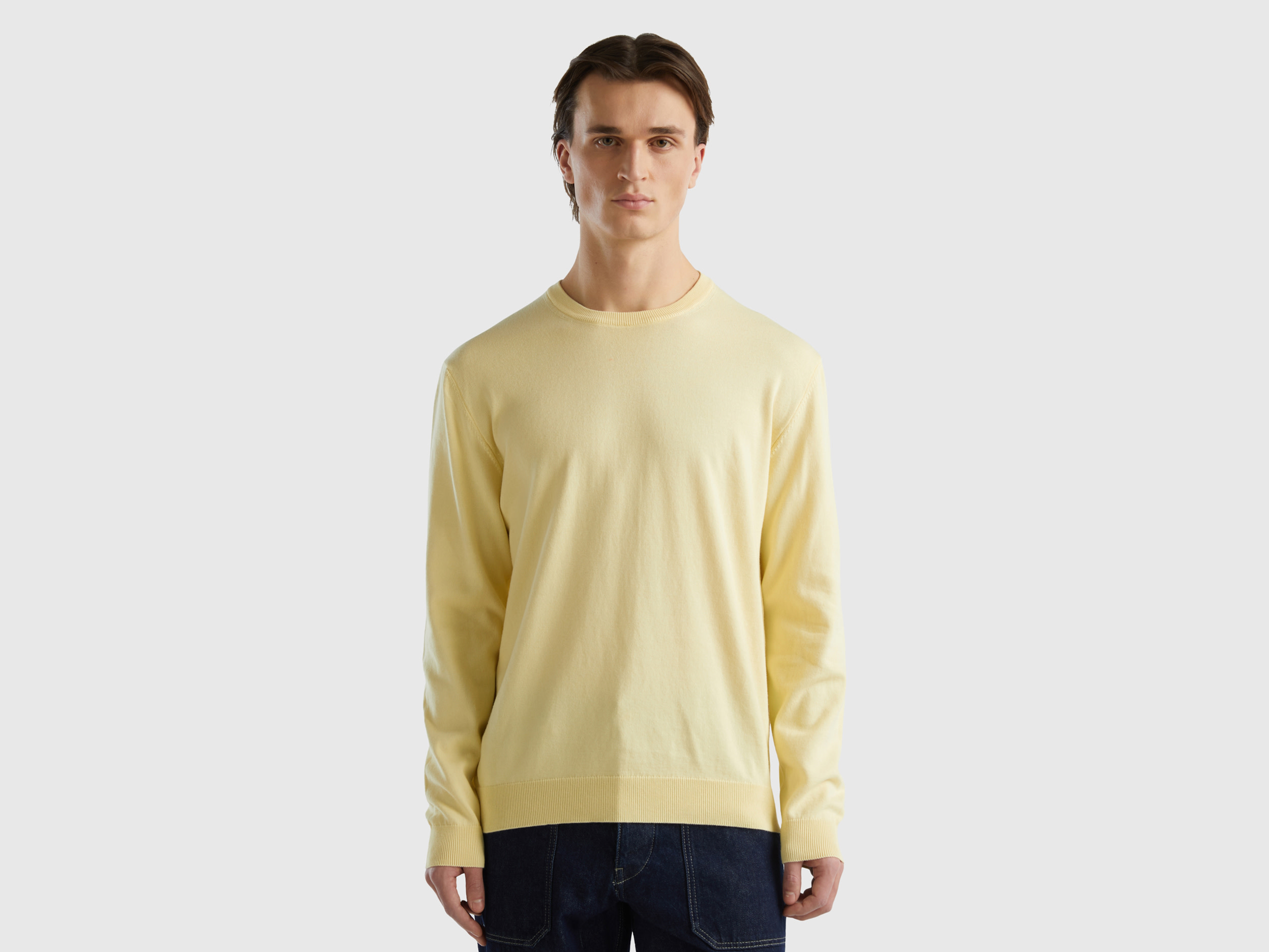 Benetton, Crew Neck Sweater In 100% Cotton, size XL, Yellow, Men