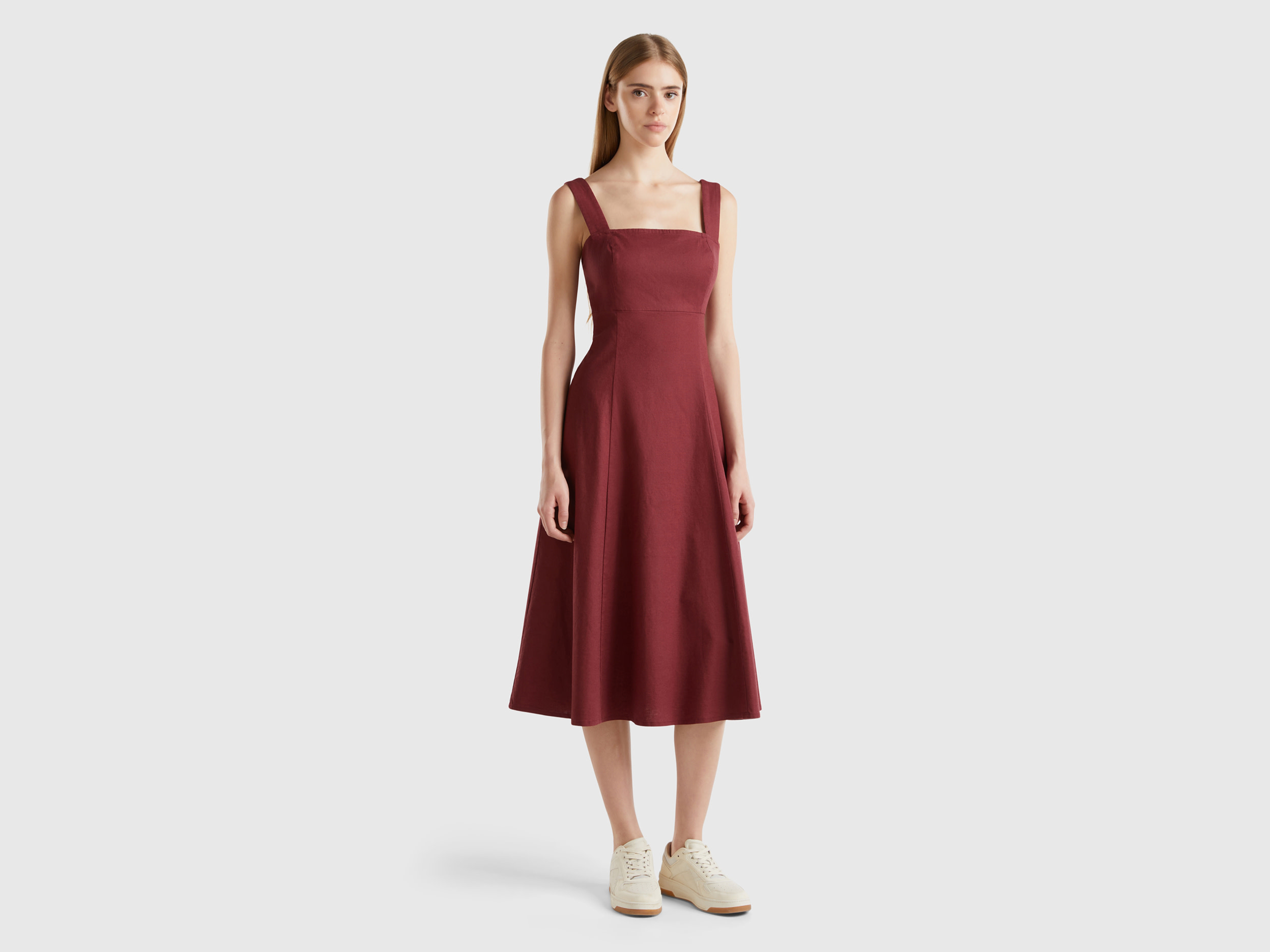 Benetton, Vestito Scollo Quadrato In Misto Lino, Bordeaux, Donna