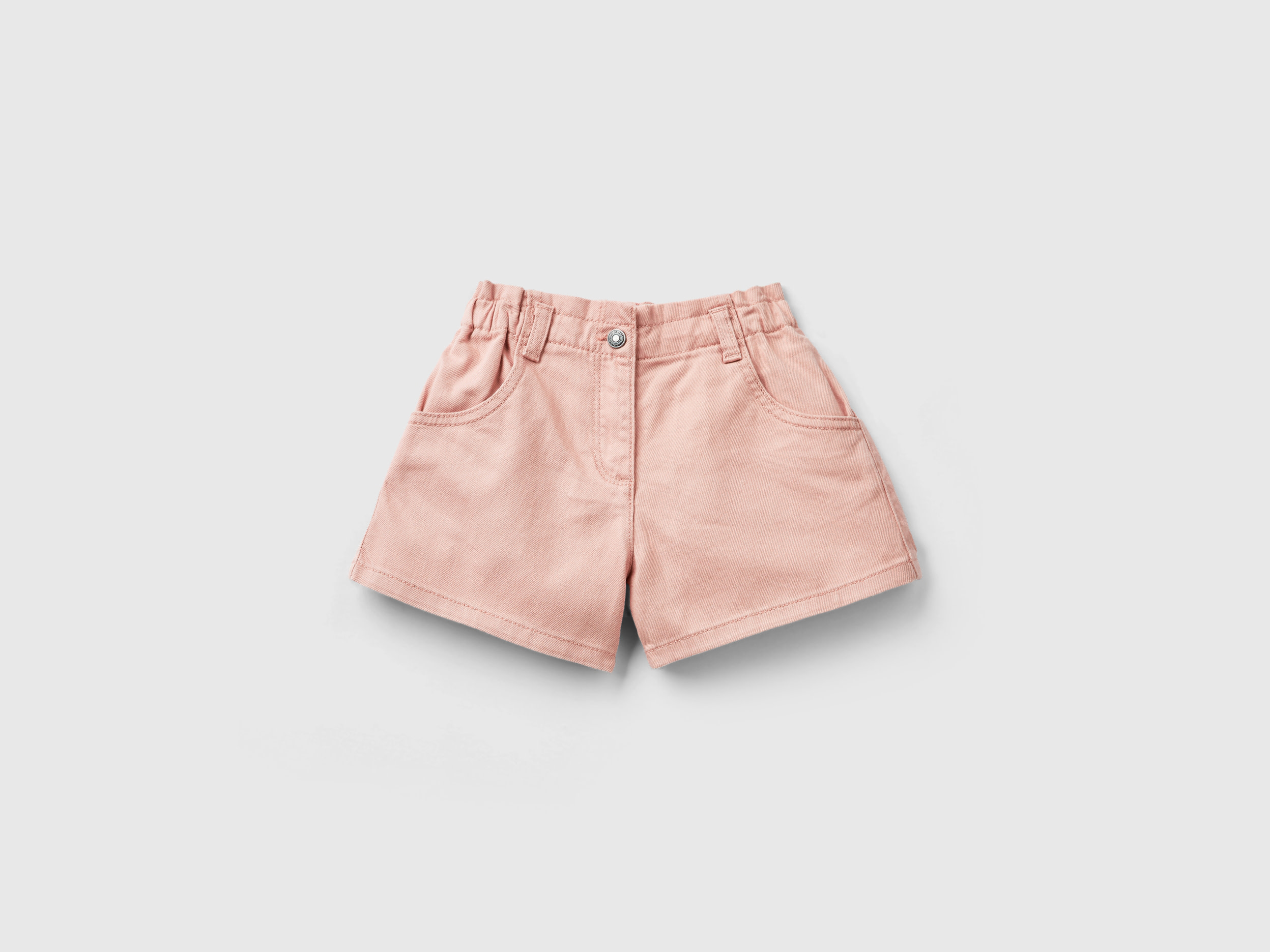 Benetton, Shorts Paperbag In Cotone Stretch, Rosa Pastello, Bambini