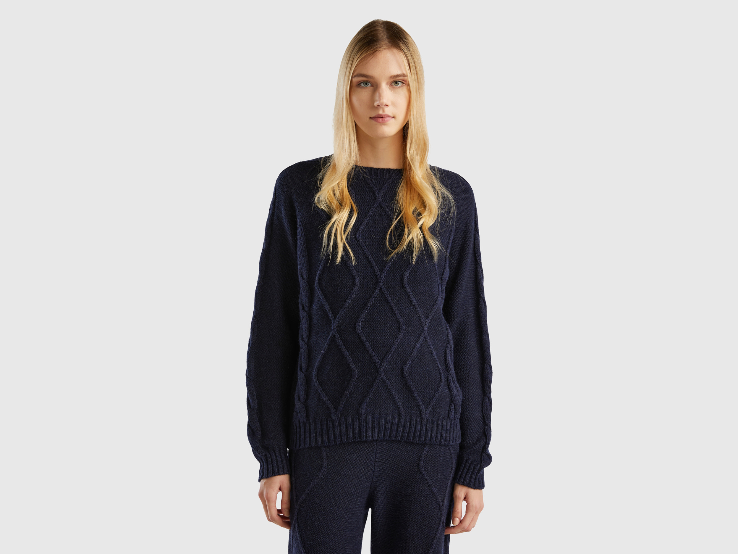 Benetton, Sweater With Cables And Diamonds, size M, Dark Blue, Women