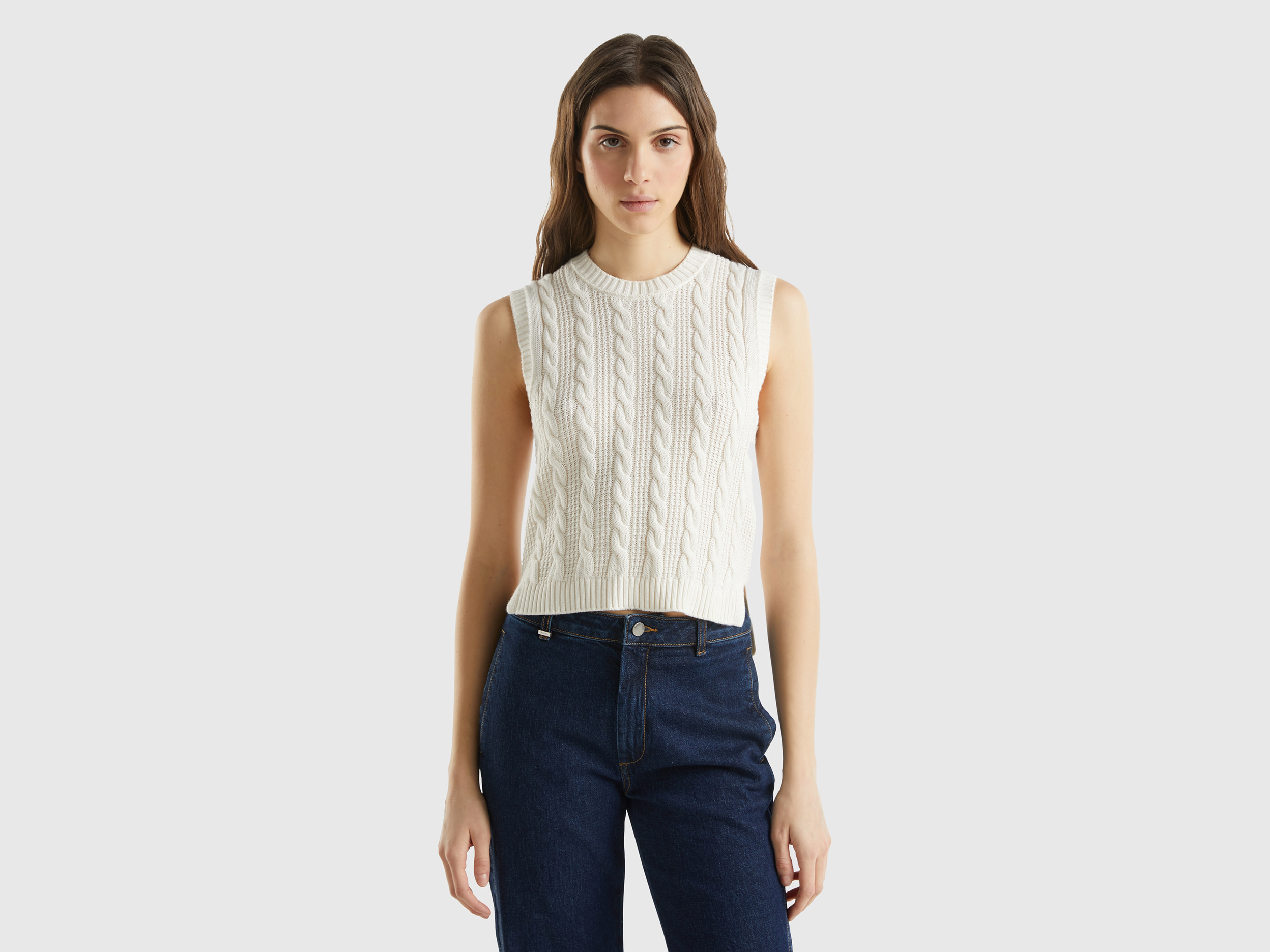 Benetton, Cropped Cable Knit Vest, size L, Creamy White, Women