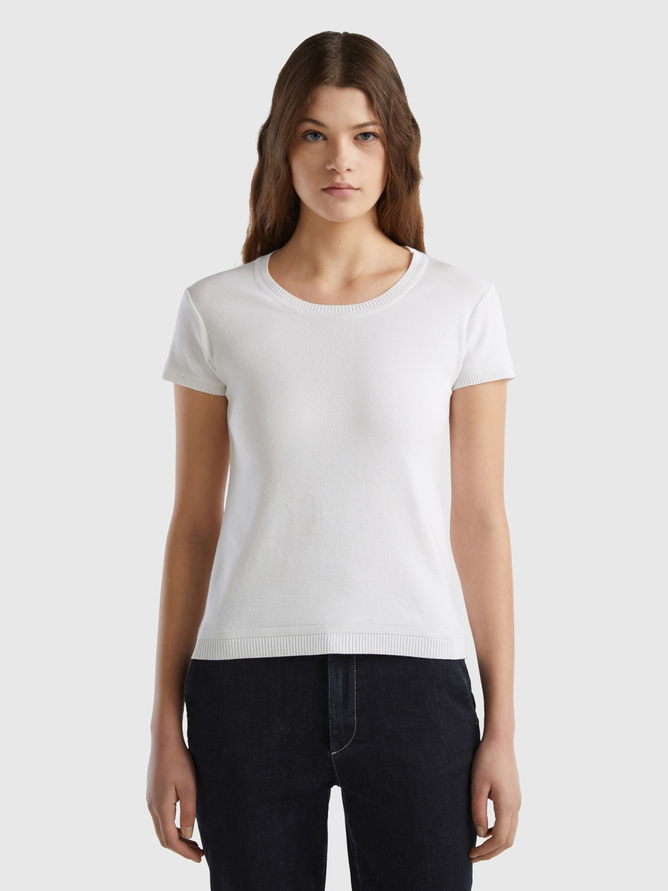 Benetton Online exclusive, Short Sleeve Sweater In 100% Cotton, White, Women