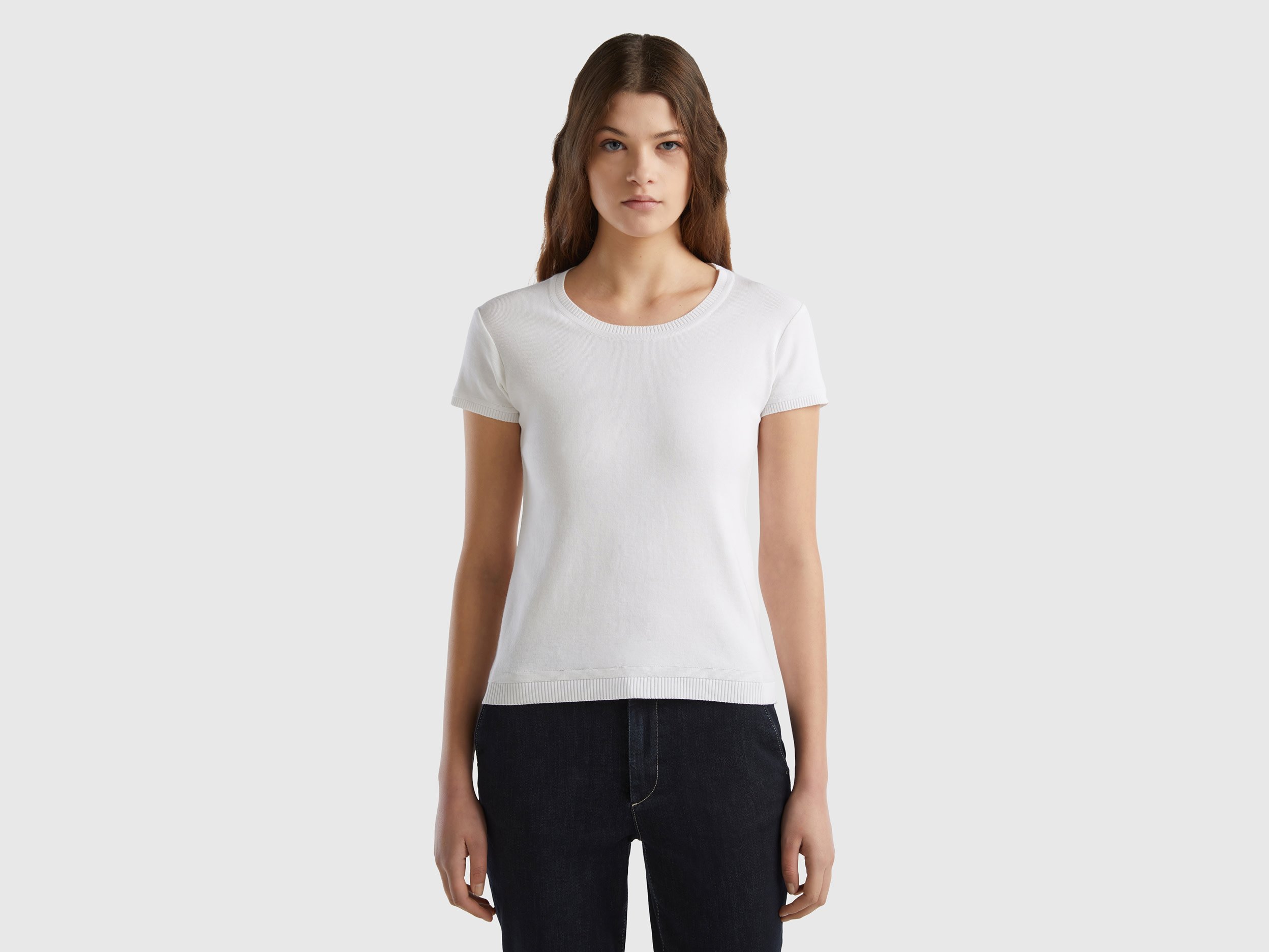 Benetton Online exclusive, Short Sleeve Sweater In 100% Cotton, size M, White, Women