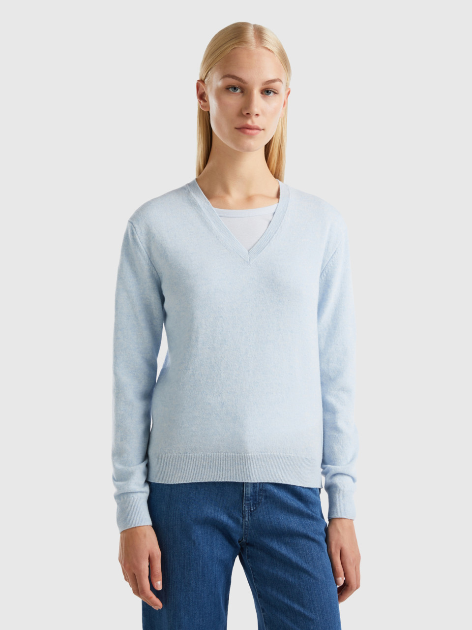 Benetton, Sky Blue V-neck Sweater In Pure Merino Wool, Sky Blue, Women