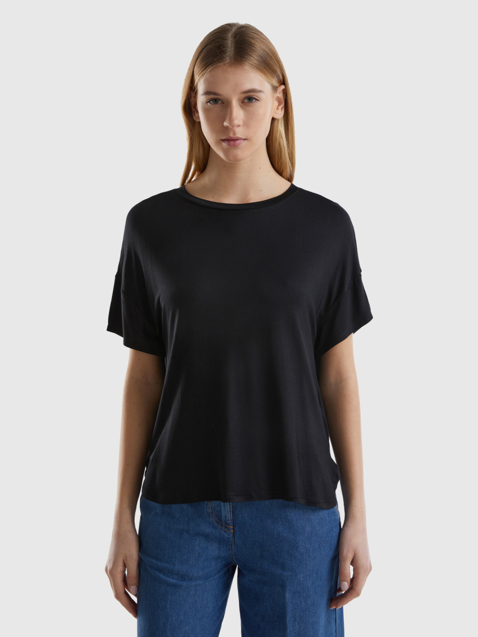 Benetton, Camiseta De Viscosa Sostenible Elástica, Negro, Mujer