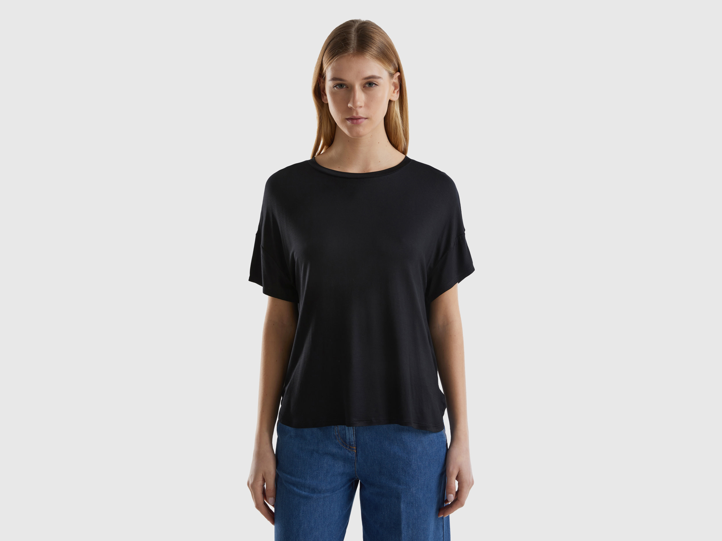 Benetton, T-shirt In Viscosa Sostenibile Stretch, Nero, Donna