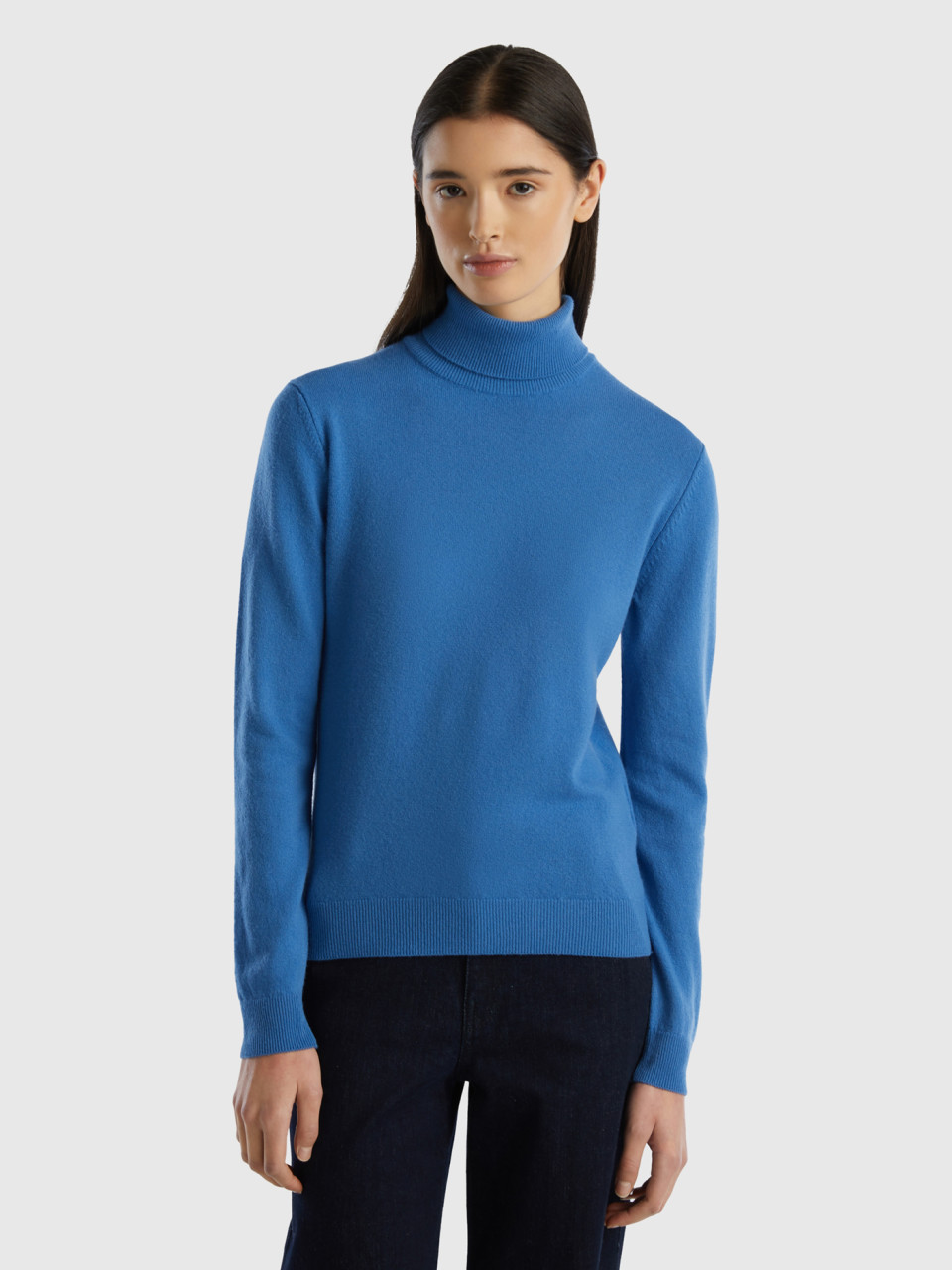 Benetton, Blue Turtleneck In Pure Merino Wool, Blue, Women