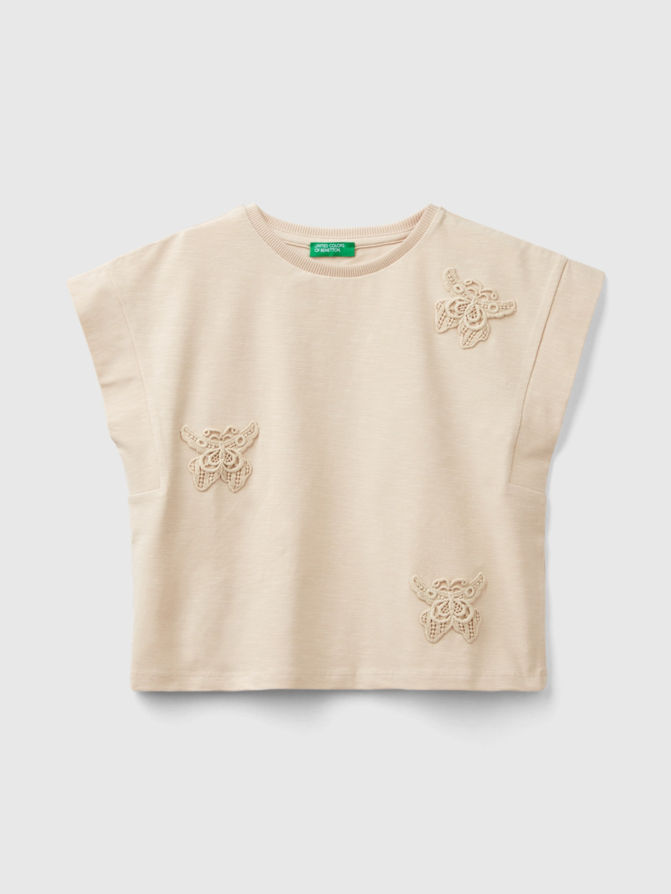 Benetton, T-shirt With Macramé Patch, Peach, Kids