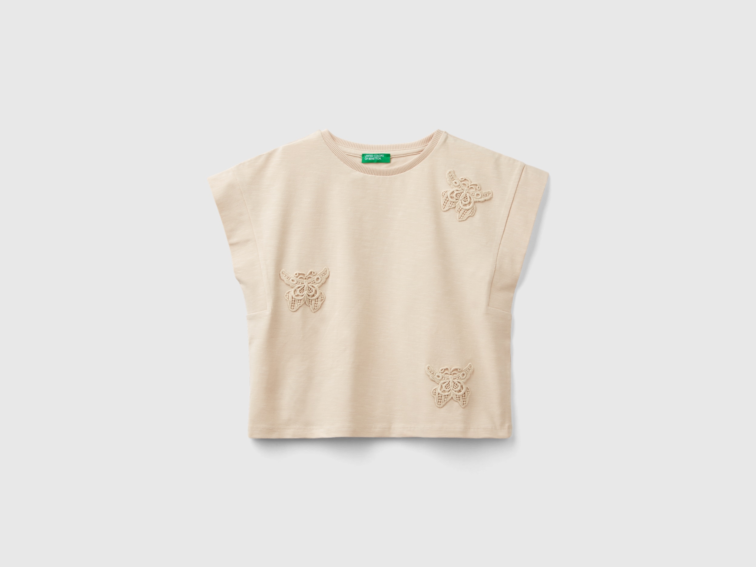 Benetton, T-shirt Con Patch Macramè, Pesca, Bambini